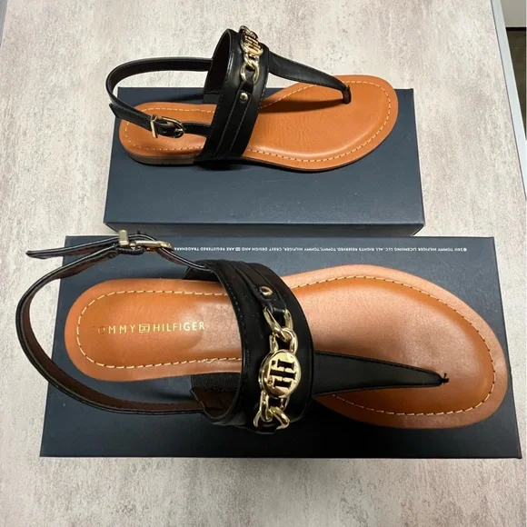 Tommy Hilfiger Black and Tan Sandals Toe Tong Buckle Gold Hardware size 9 - Picture 2 of 8